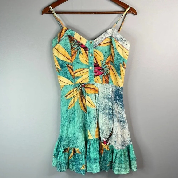 MORENA ROSA Floral SunDress Teal Sweetheart Neck Ruffle Spaghetti Strap Size S - Picture 12 of 12